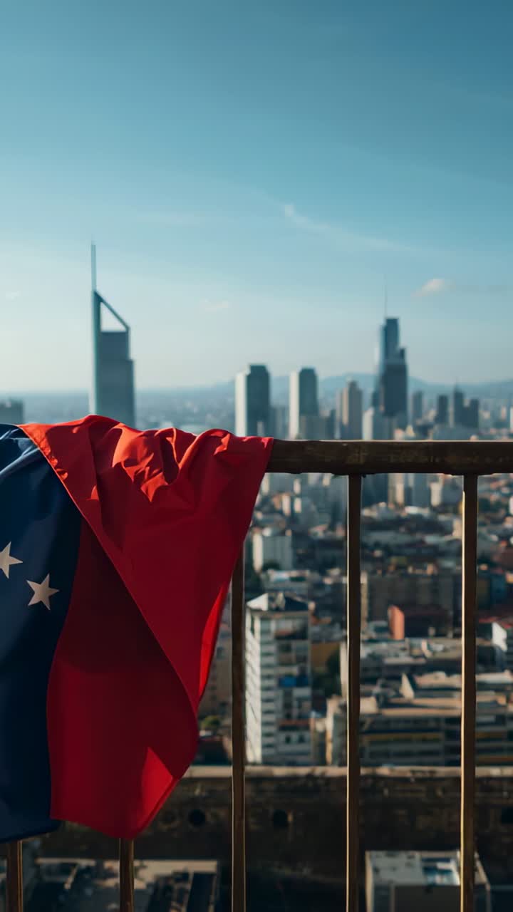 Video verticale: carrellata con panoramica su un tetto che mostra lo skyline, vento che muove una bandiera a tre colori su una ringhiera di metallo, spazio per il testo