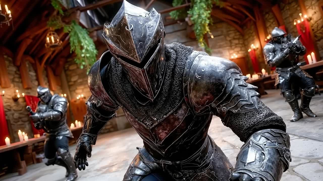 A group of men in armor standing in a room with candles