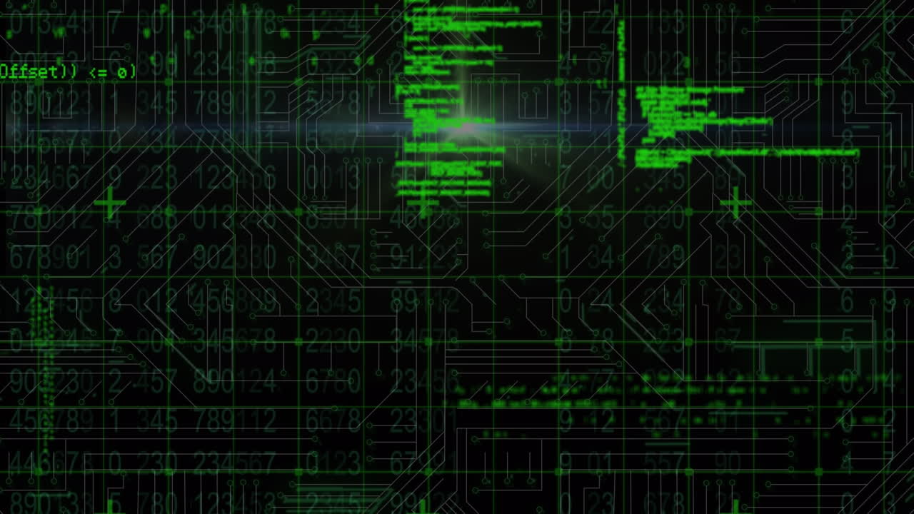 Digital animation of data processing against microprocessor connections on black background
