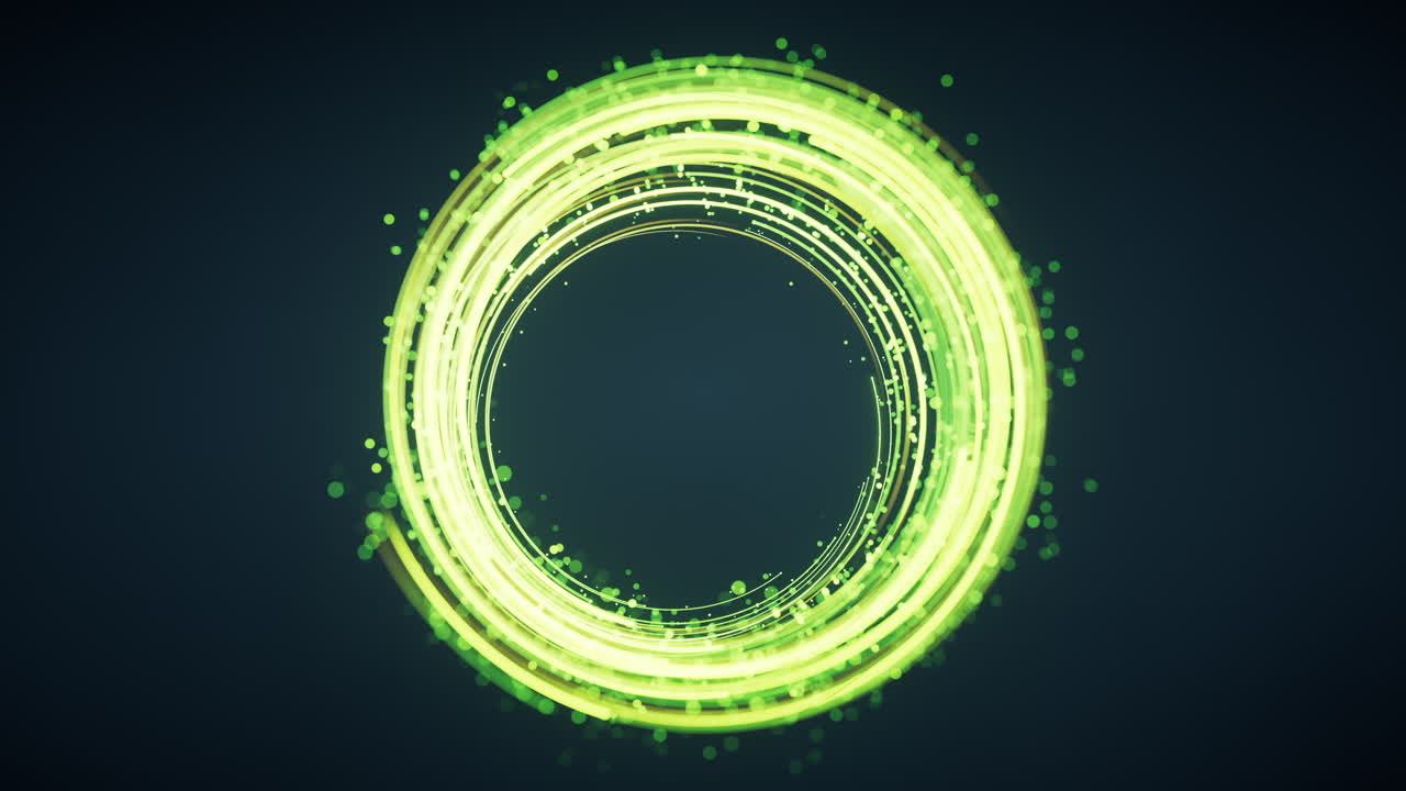 Rotating glowing green vortex lines and particles background, 3d rendering.