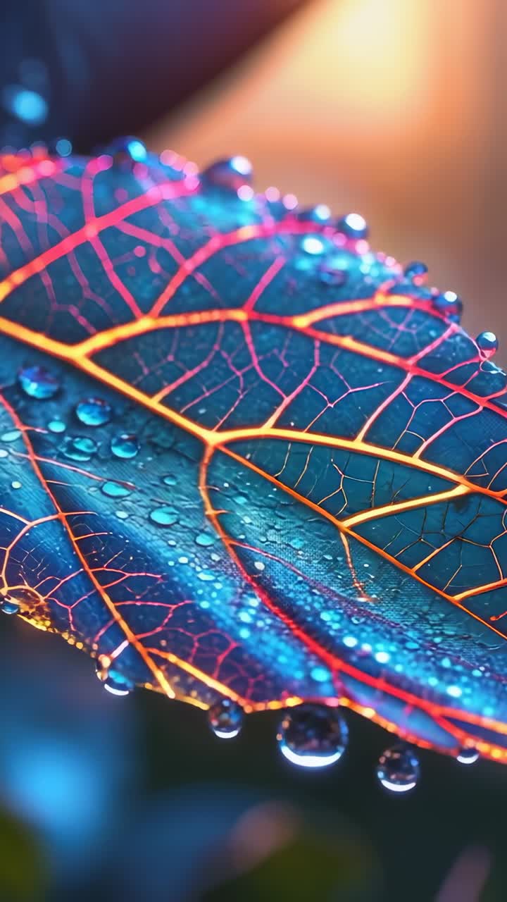 Vertical video: Leaf shimmering on branch amid focus shift, dew drops covering neon veins