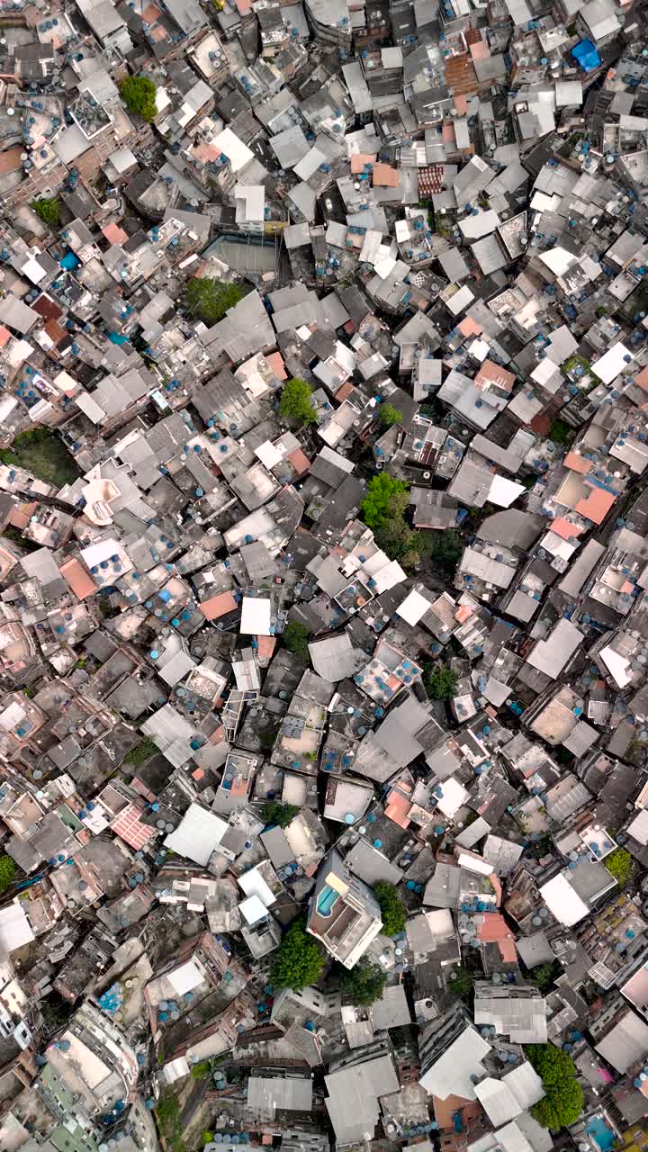 Drone top-dow view of Favela Rocinha Rio de Janeiro Brazil, endless houses stacked atop each other
