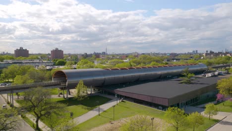 aerial establishing shot of amazing modern subway station on chicago's south side