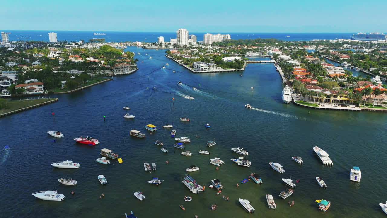 Private Boat Charters During Pontoon Party In Fort Lauderdale, Florida, United States. Aerial Drone Shot