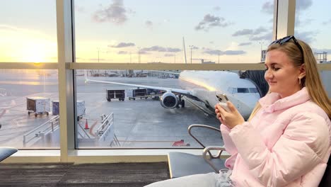 A Woman in an Airport Awaits and Reflects Checking her Phone a Woman in an Airport Waiting Area Shows Anticipation as she Checks her Phone she then Gazes out the Window Feeling Wanderlust
