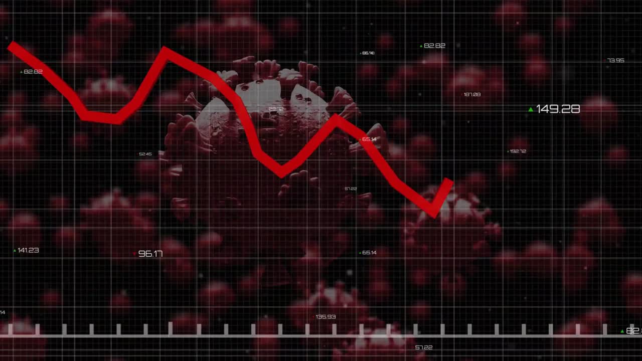 Grafici rossi in movimento su uno sfondo di cellule Covid-19