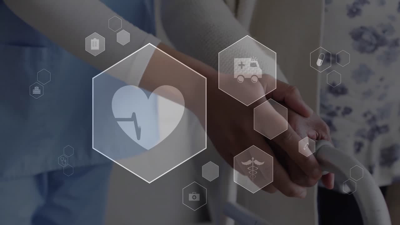 노인 환자와 함께 백인 여성 간호사에 대한 의료 아이콘과 데이터 처리의 애니메이션