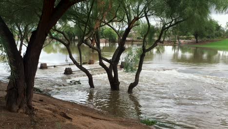 floodwaters flow over the walking bridge at indian bend wash scottsdale, arizona