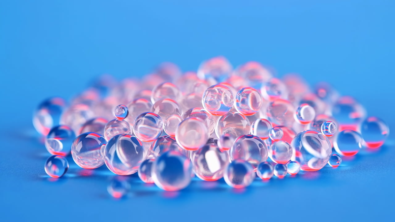 Shimmering Hydrogel Beads On Blue Background, Closeup Macro Of Translucent Spheres With Pink Neon Highlights,