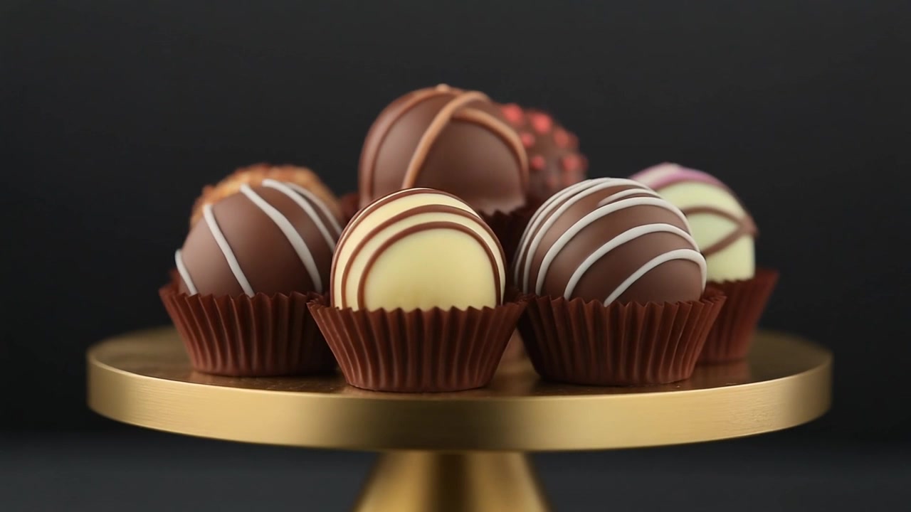Tartufi di cioccolato gourmet assortiti su un supporto dorato