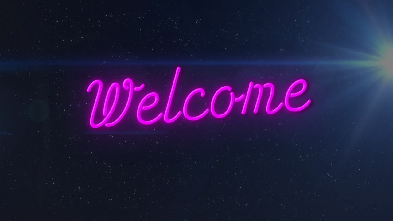 Glowing neon pink Welcome text against starry night sky background animation
