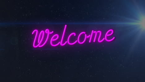 glowing neon pink welcome text against starry night sky background animation