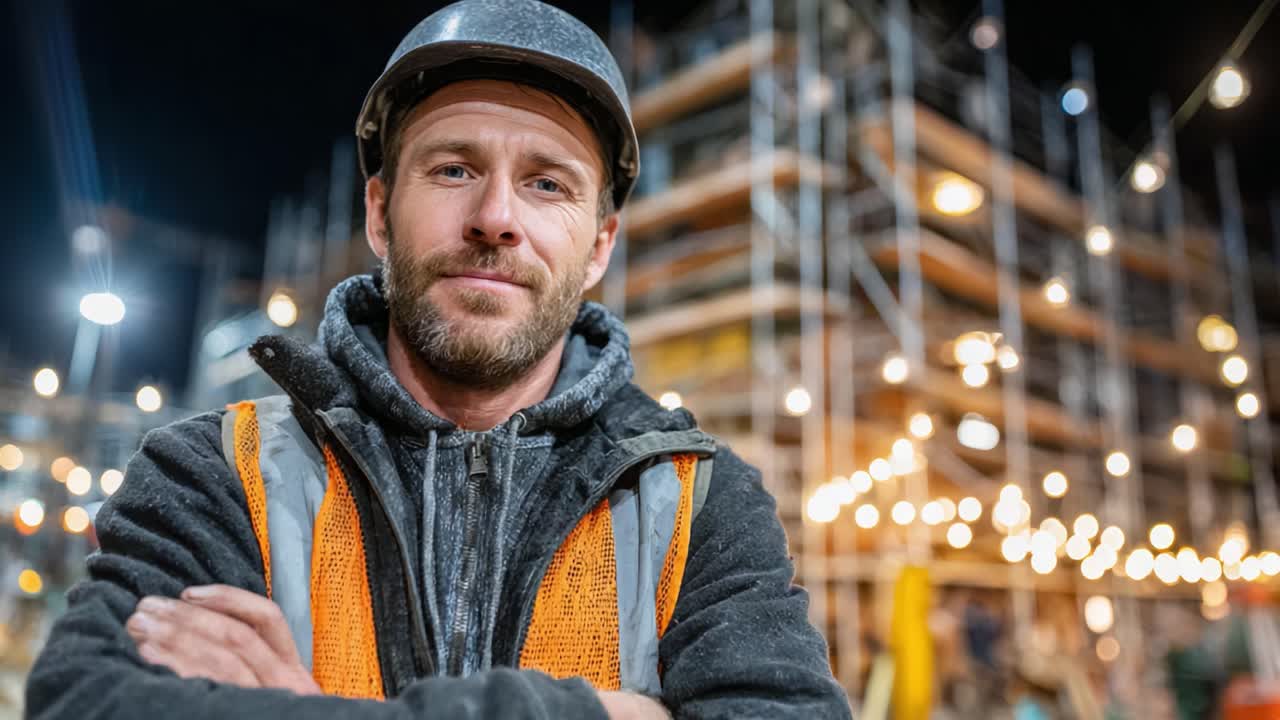 A Confident Construction Worker Poses for the Camera at Night, Showcasing Safety Gear and an Active Job Site Filled with Scaffolding and Soft Lighting