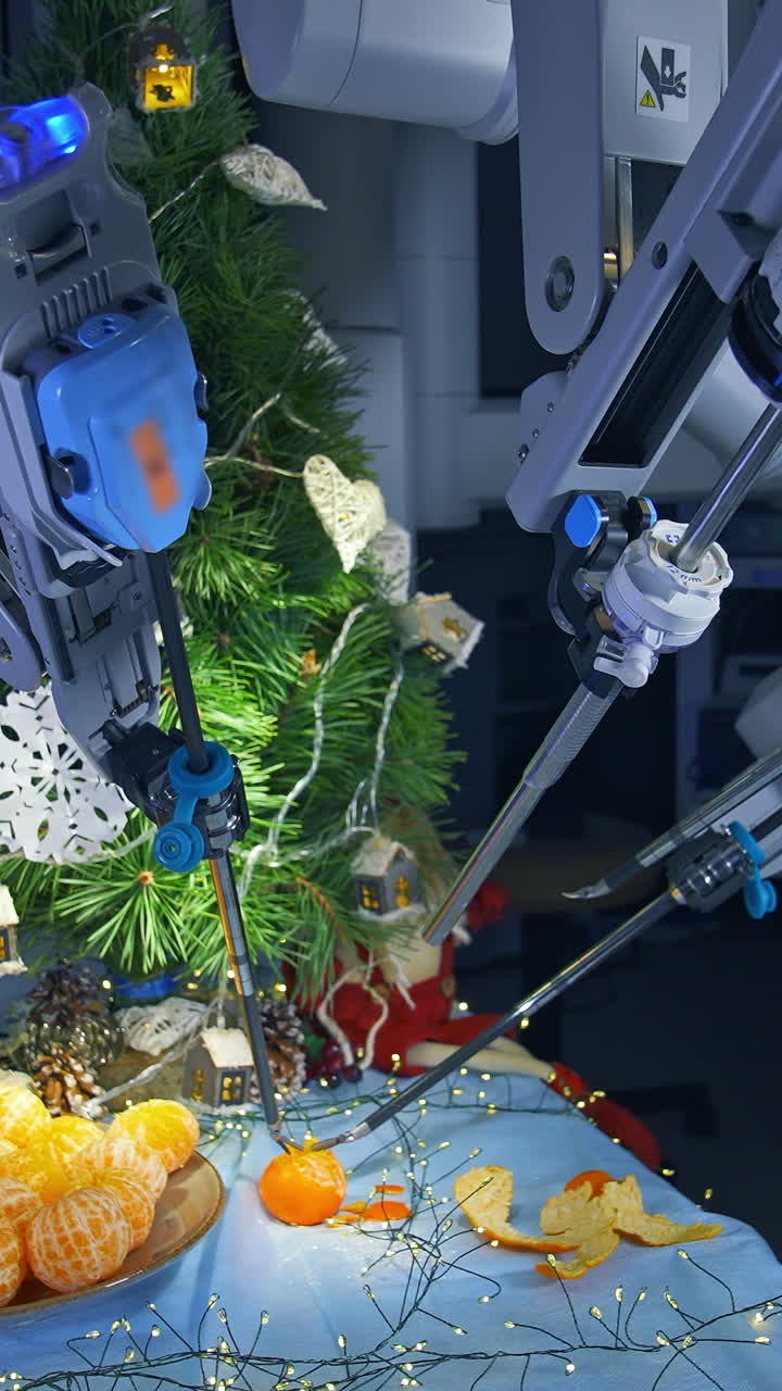 Intelligence machine on Christmas tree background. Robotic equipment peeling orange tangerine for New Year. Future technology. Vertical video