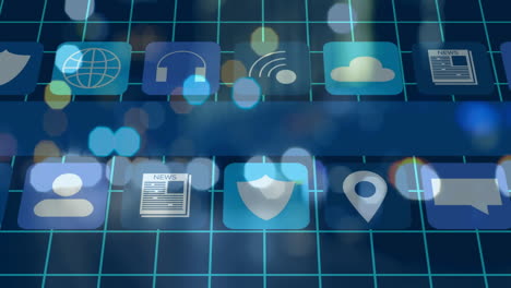 iconos de aplicaciones y animación de conectividad de red sobre el fondo de la cuadrícula con luces bokeh