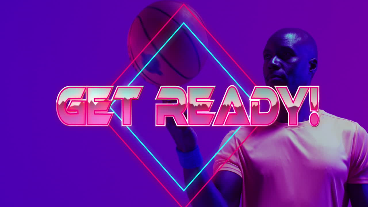 Animation of get ready text and neon lines over basketball player on neon background