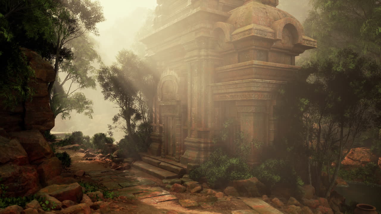 antiguas ruinas de templos en una selva de niebla