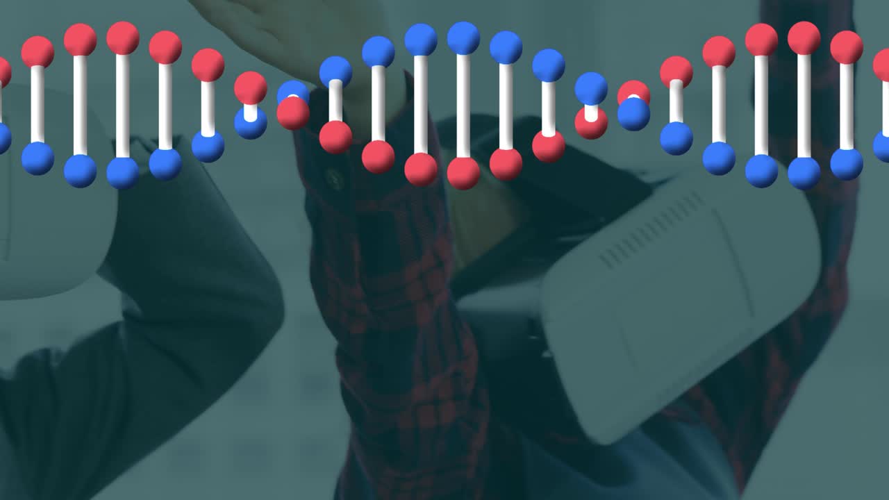 vr 헤드 ⁇ 을 착용한 아이들 위에서 dna  ⁇ 이 회전하는 애니메이션