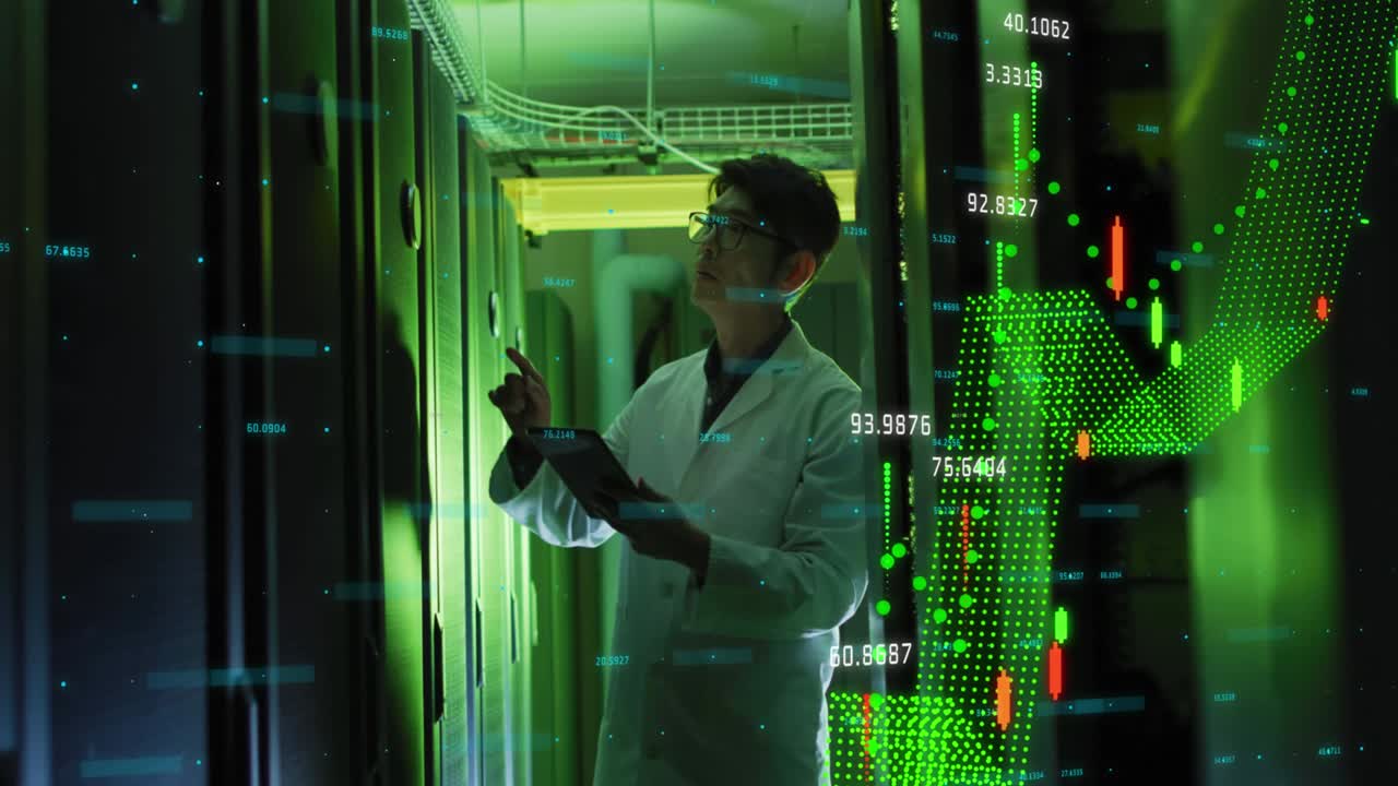 animación del procesamiento de estadísticas sobre un ingeniero informático asiático con una tableta por un servidor de computadora