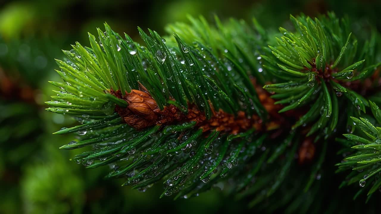 A Close-Up View of Dew-Kissed Evergreen Pine Needles Showcasing Nature's Intricacies and Vibrant Greens in a Captivating Display of Freshness and Life