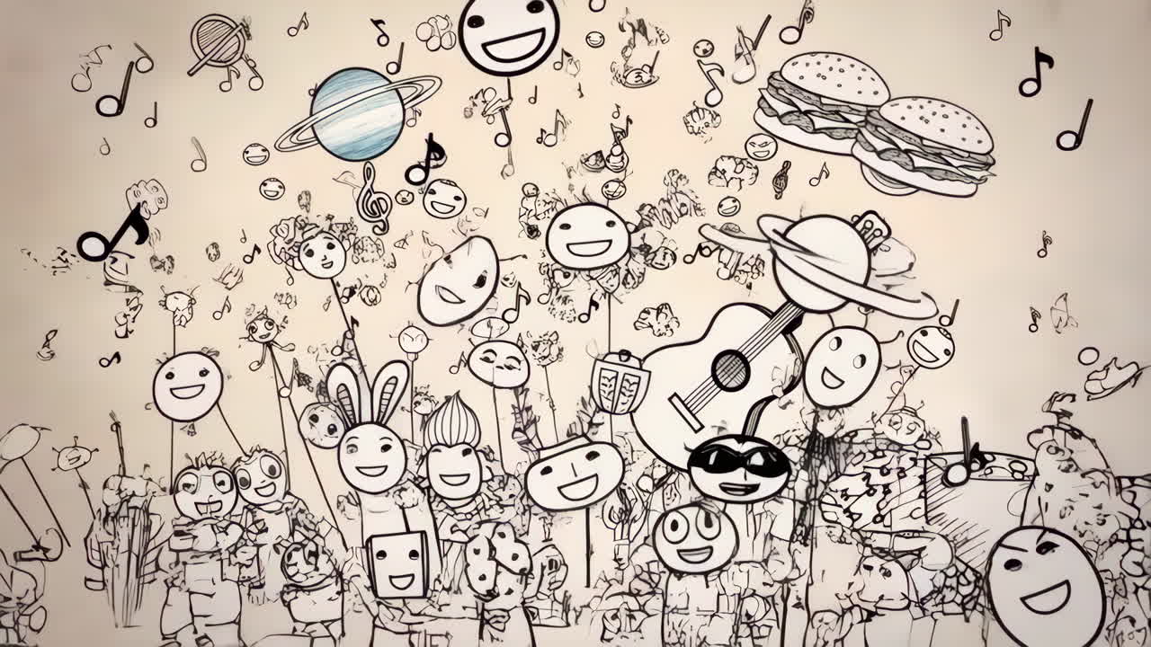 Whimsical Doodle Art with Music, Cartoons, and Fantasy Elements