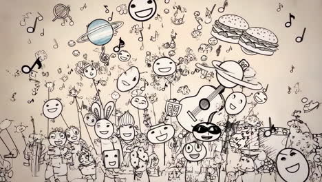 whimsical doodle art with music, cartoons, and fantasy elements
