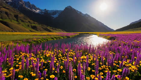 sunlit river flowing through a vibrant mountain valley with wildflowers