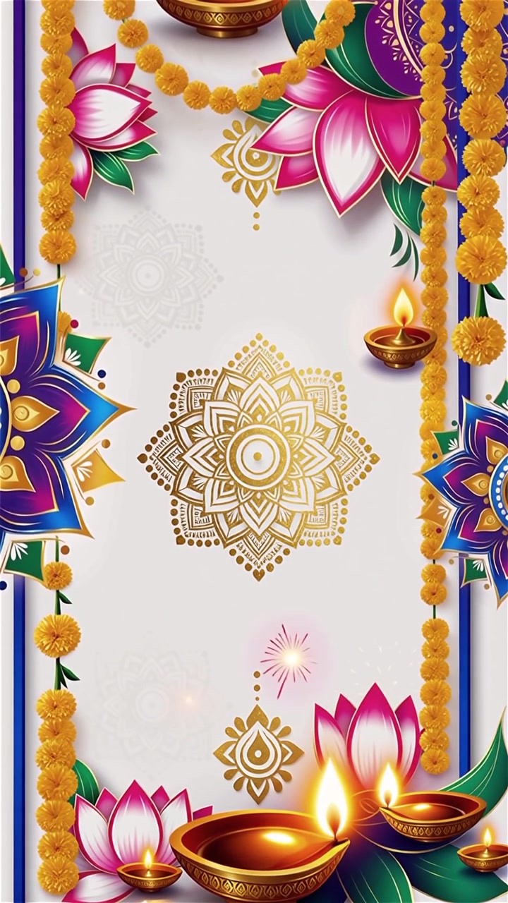 Sfondo Diwali con Diyas luminosi, Rangoli e fiori di loto