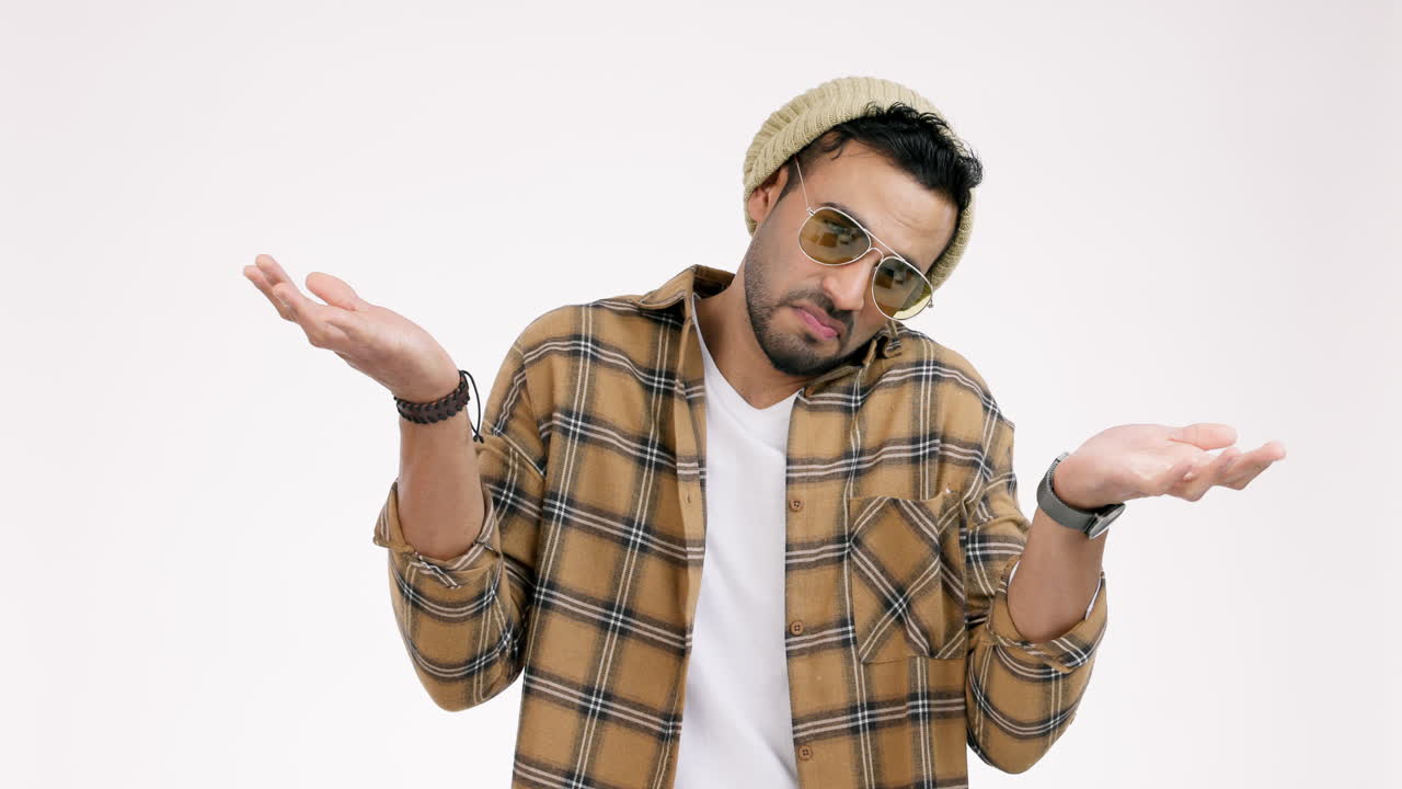 Confused, shrug and man with doubt portrait