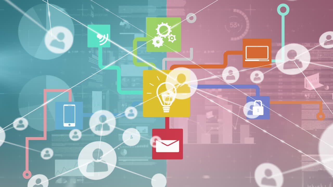 컴퓨터 아이콘, 프로그래밍 데이터 및 거래 보드와 함께 그래픽 인포그래픽 인터페이스의 애니메이션