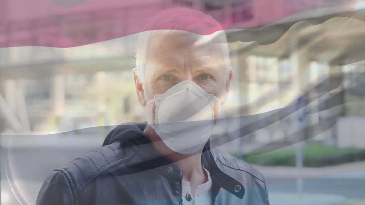 길거리에서 얼굴 마스크를 쓴 백인 남자의 초상화 위에 네덜란드 발을 흔들고 있는 애니메이션