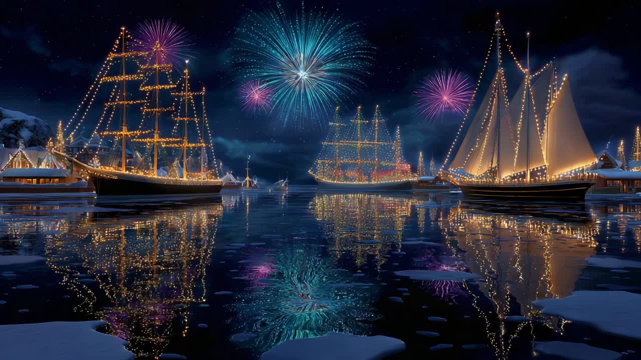 A Beautiful Nighttime Scene with Two Luxuriously Decorated Ships Illuminated by Vibrant Fireworks Over a Reflective Water Surface, Creating a Magical Atmosphere Full of Color and Light