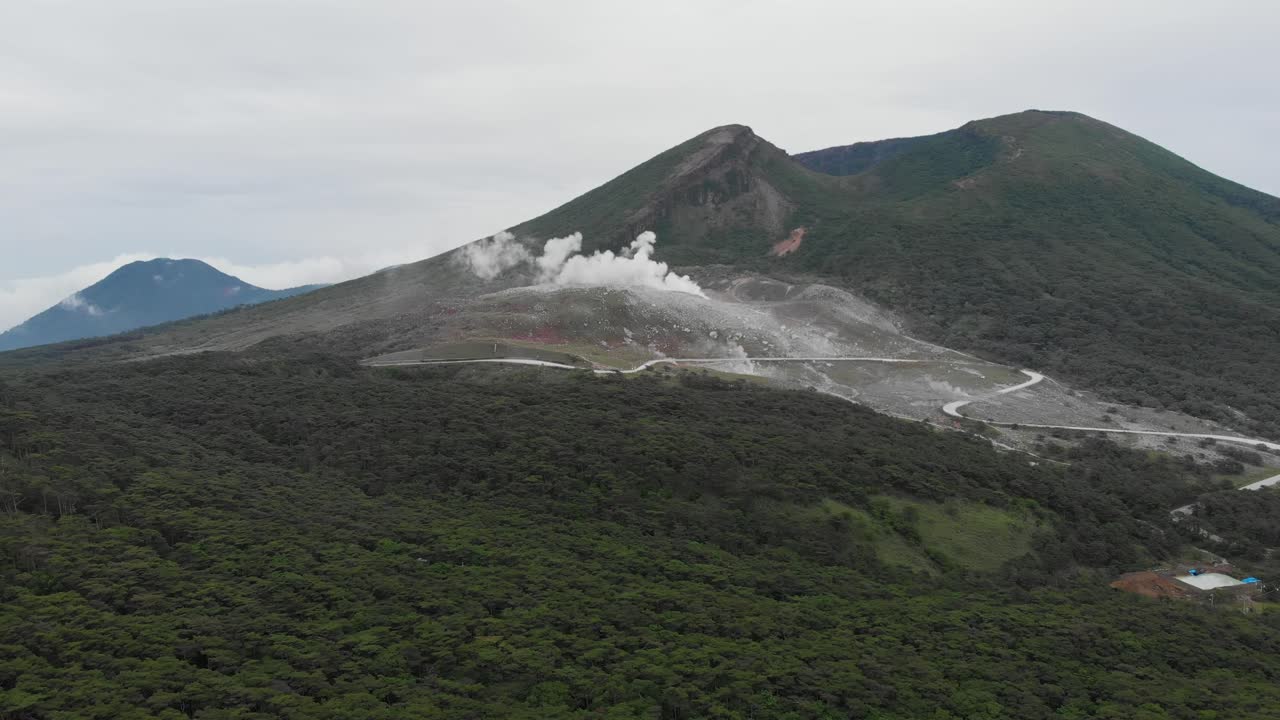 Aerial Panorama of Active Volcano Mount Kirishima, Smoke Rise Kyushu Mountains