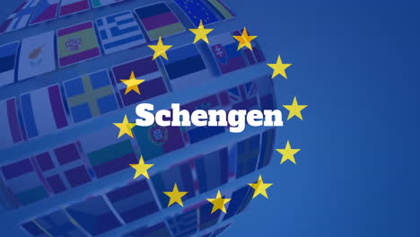 yellow stars spinning around schengen text against globe made of flags of european countries