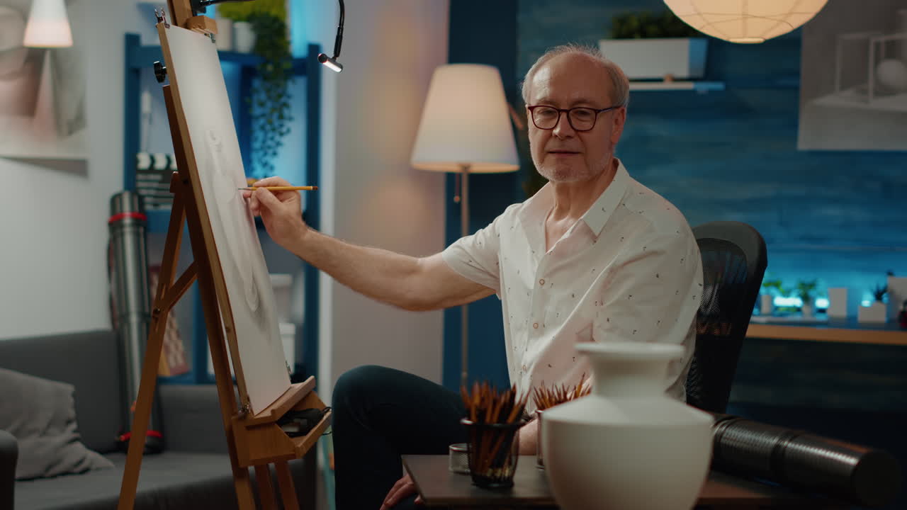Adulto in pensione osserva un vaso come ispirazione per disegnare uno schizzo artistico