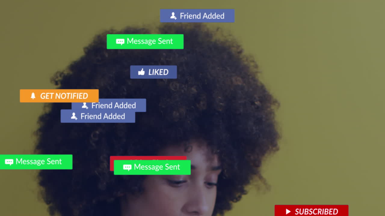 Animation of social media icons with texts over african american woman