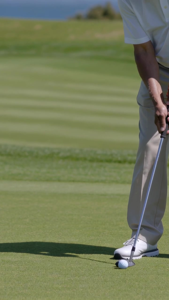 Video verticale: Golfista che esegue un putt, allineando e colpendo la palla sul green dopo aver preparato il colpo con la mazza, indossando una polo, con spazio per il testo.