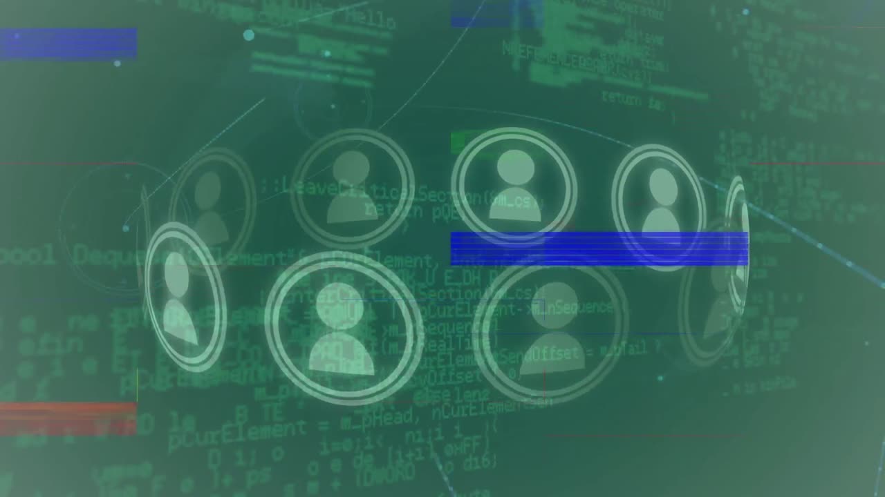 animación de la red de conexiones con personas iconos y fallo sobre la cuadrícula