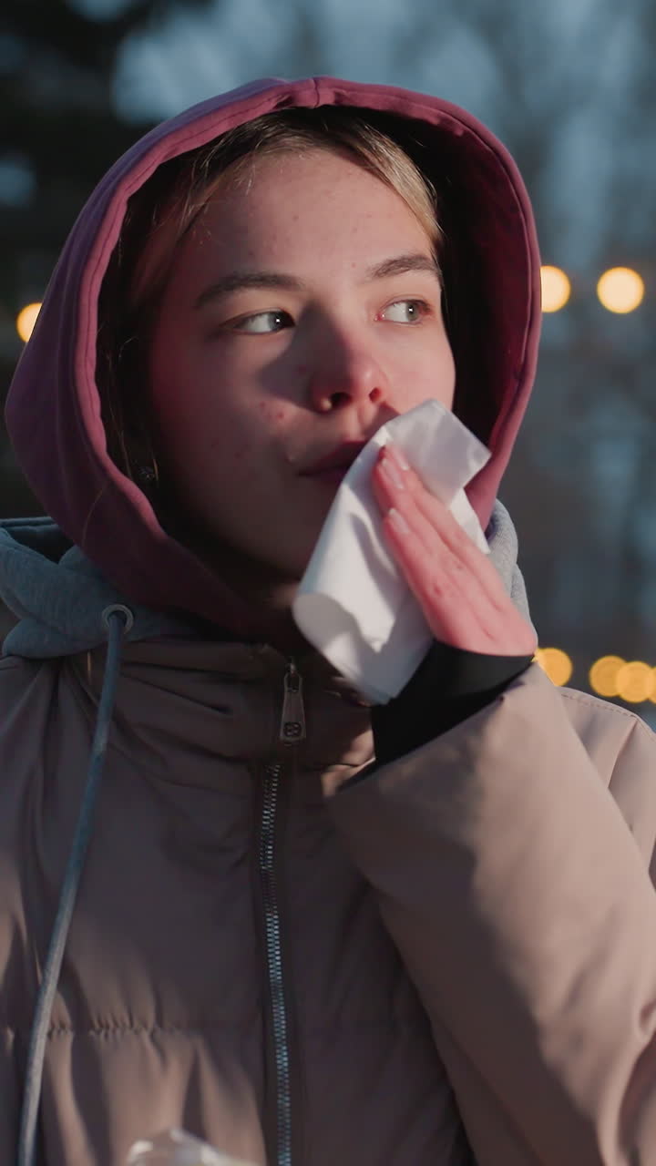 Signora che tiene uno snack in una mano mentre usa un tovagliolo per pulirsi la bocca in un ambiente invernale all'aperto con luci bokeh sullo sfondo, vestita con felpa e giacca pesante