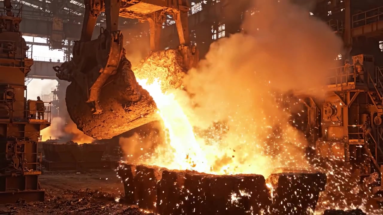 Intense Molten Metal Pouring Process in an Industrial Foundry: A Captivating Look at the Melting and Molding of Steel and Iron in a High-Energy Environment
