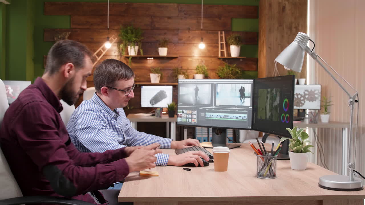 Two Men Editing Video in Office Workspace