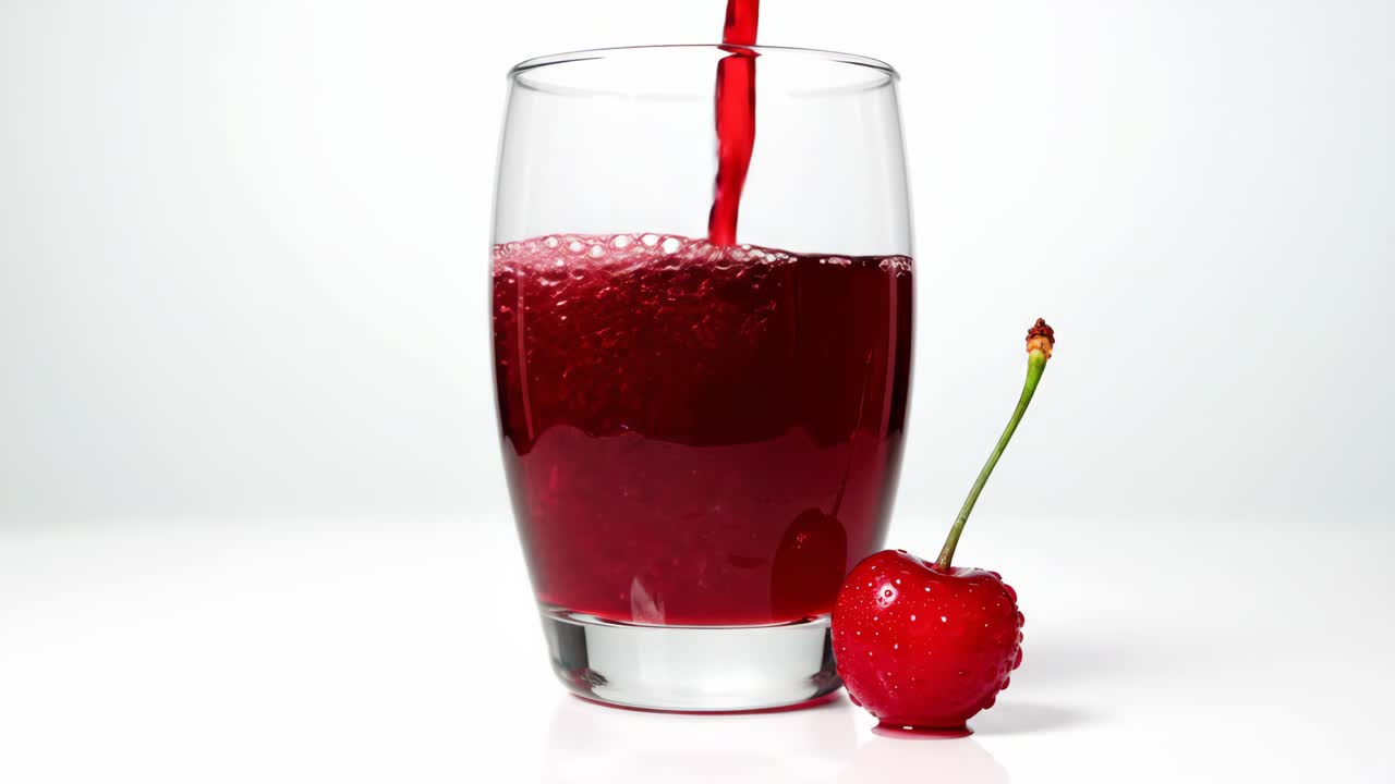 Succo di ciliegia versato in un bicchiere con ciliegia fresca