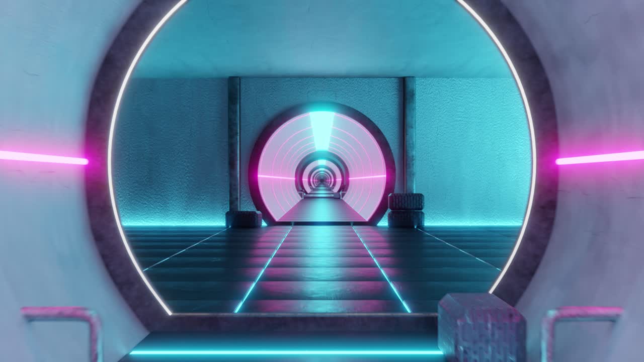 3D animation of futuristic tunnel sci-fi spaceship corridor with color neon light