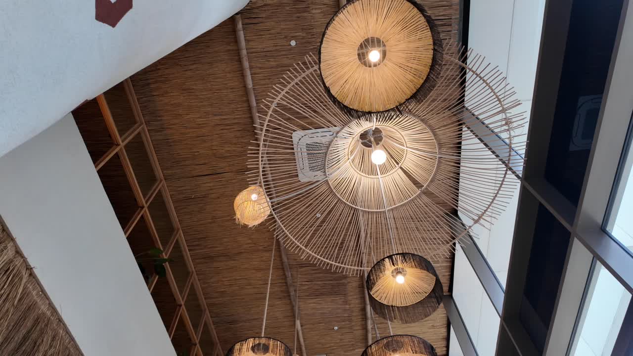 Interior with Wicker Lamps and Bamboo Ceiling