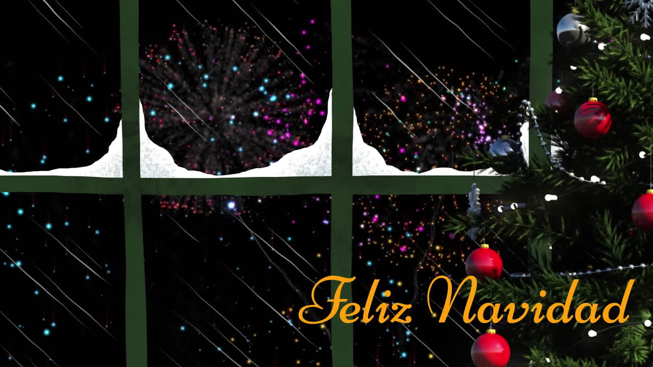 animación de texto de feliz navidad y árbol de navidad contra vista de fuegos artificiales explotando desde la ventana