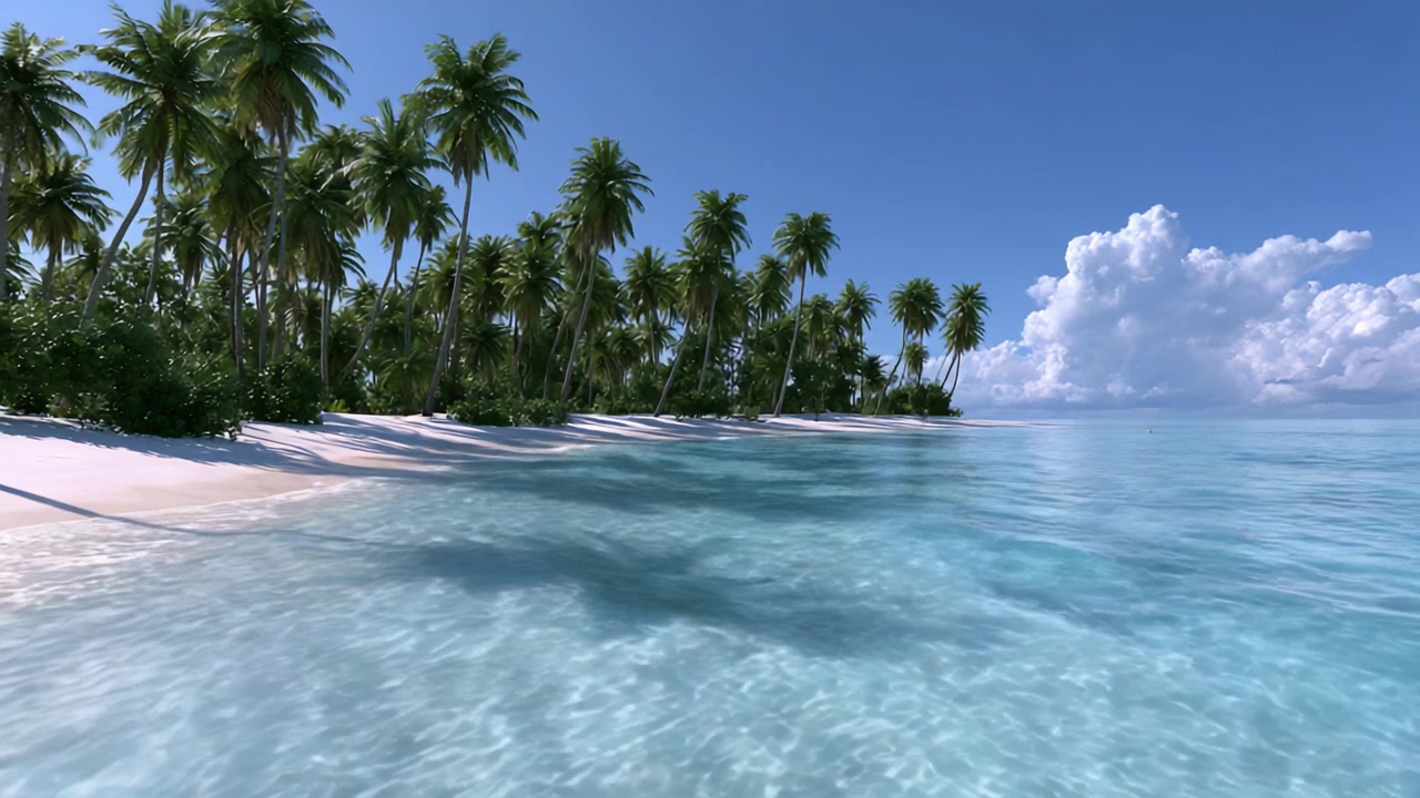 Um Paraíso Tropical Sereno: Vistas Cativantes de Águas Cristalinas e Palmeiras Exuberantes em um Dia Ensolarado na Praia
