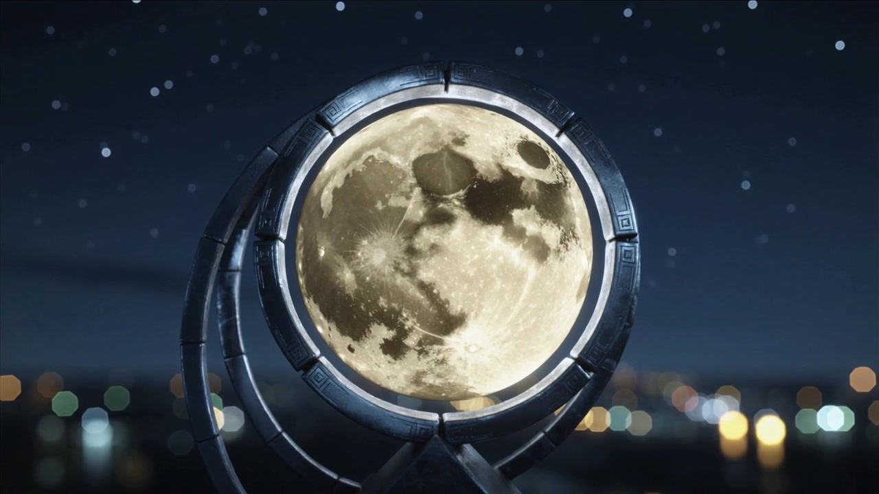 Câmera com zoom mostrando a lua cheia se aproximando dentro de um anel de metal na orla, emitindo raios.