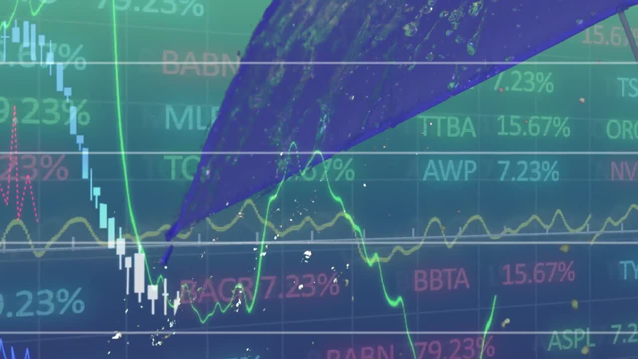주식 시장 디스플레이와 함께 보라색 우산에 떨어지는 비의 애니메이션