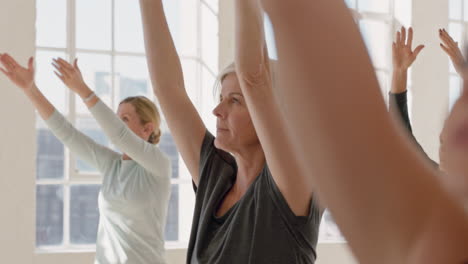 yoga class of healthy mature women practicing warrior pose enjoying morning physical fitness workout in studio