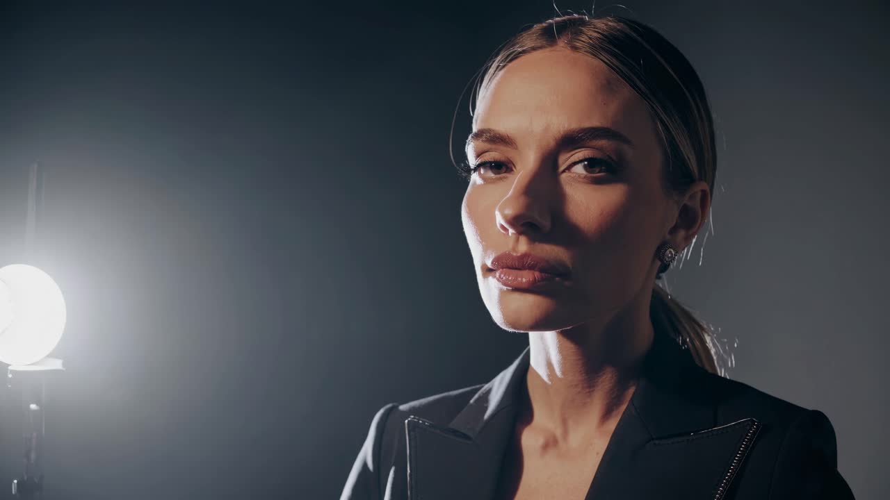Dramatic video portrait of a woman in a dark setting, side-lit by a spotlight